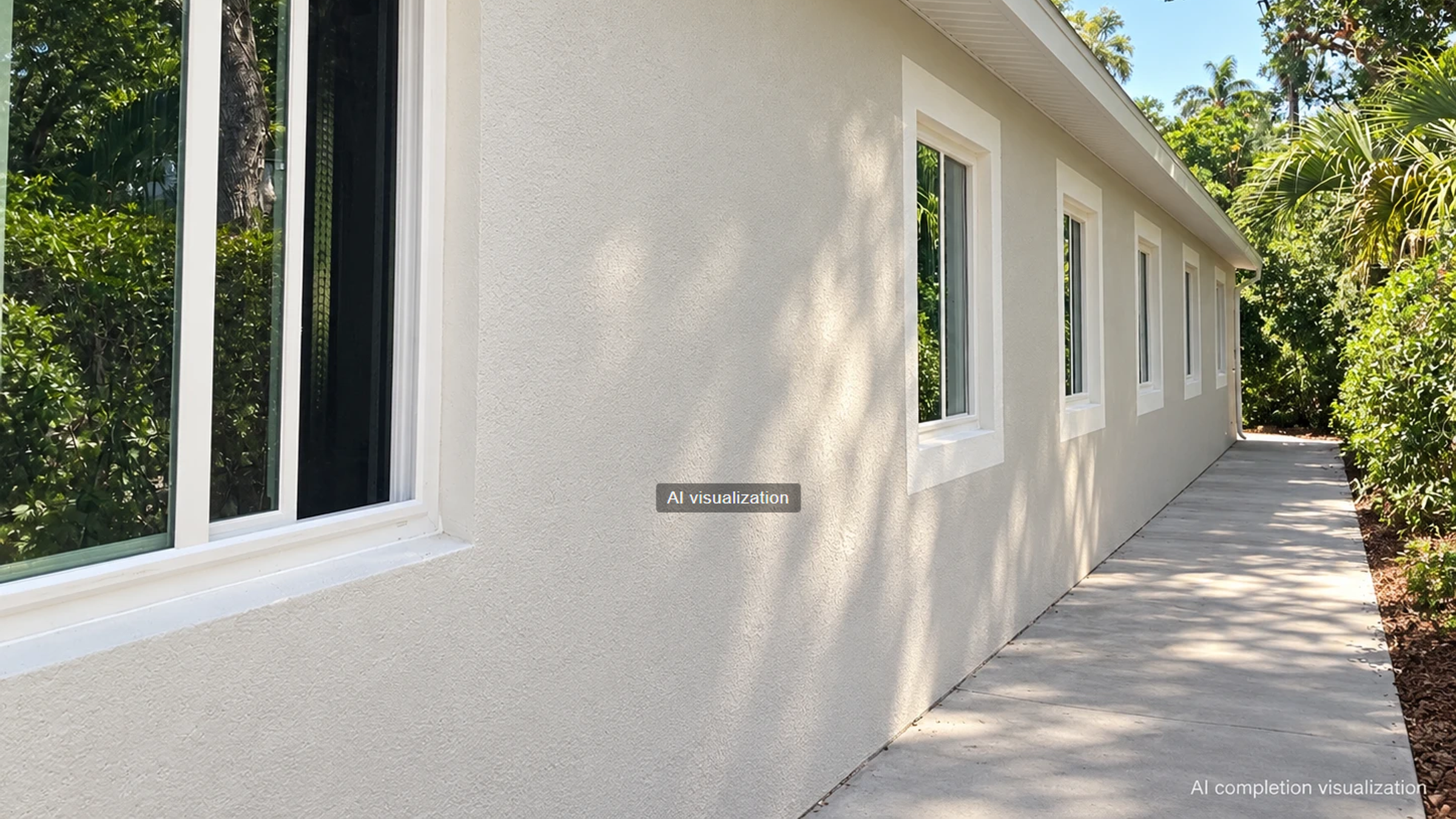 AI completion visualization of the finished Bradenton Research Center exterior: stucco walls, white-trimmed windows and a shaded side walkway (illustration, not a photograph)