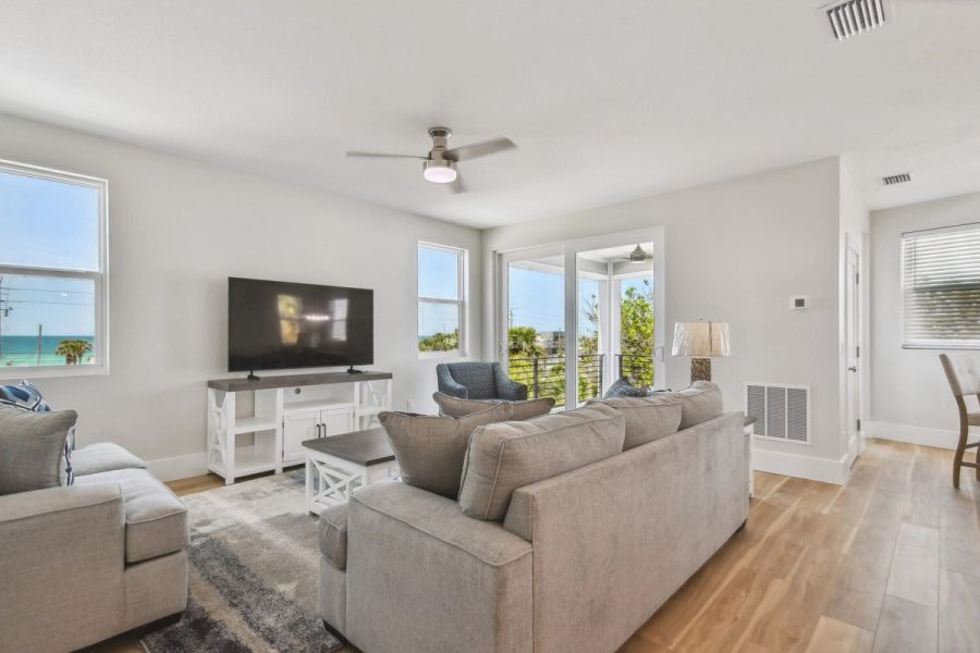 Coastal living room with ocean views — Coastal custom home, Bradenton Beach