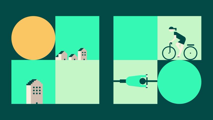 Example of the Oslo Municipality design and illustrations in green and cyan. There are squares and circles with small illustrations of houses and people on bikes.