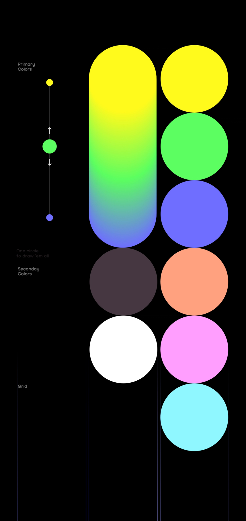 The Nuuday colour palette: Yellow, green, blue, peach, lavender, teal, off white and brown.