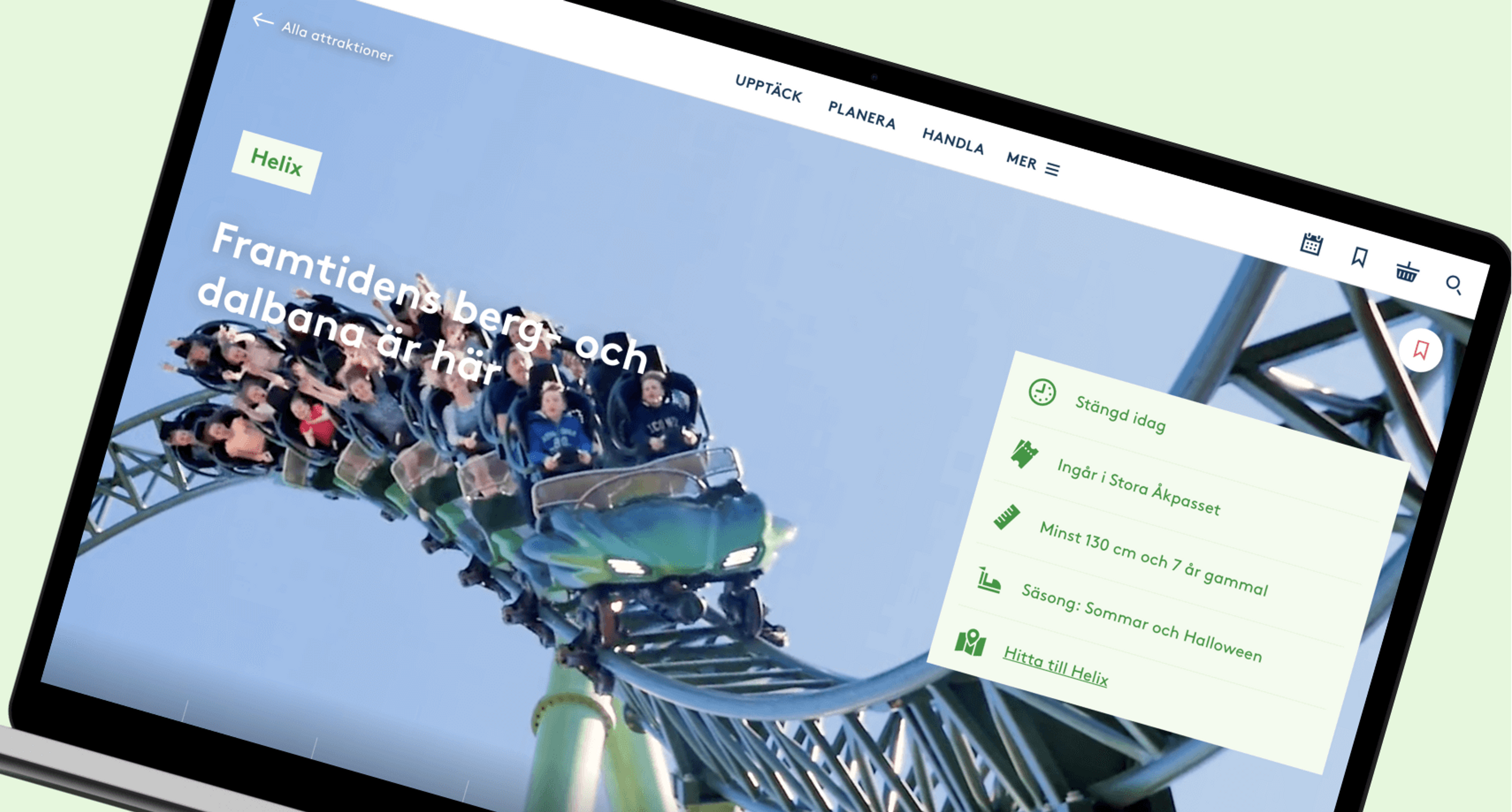 A laptop showing the website for a specific Liseberg ride, with information on availability, requirements and location.