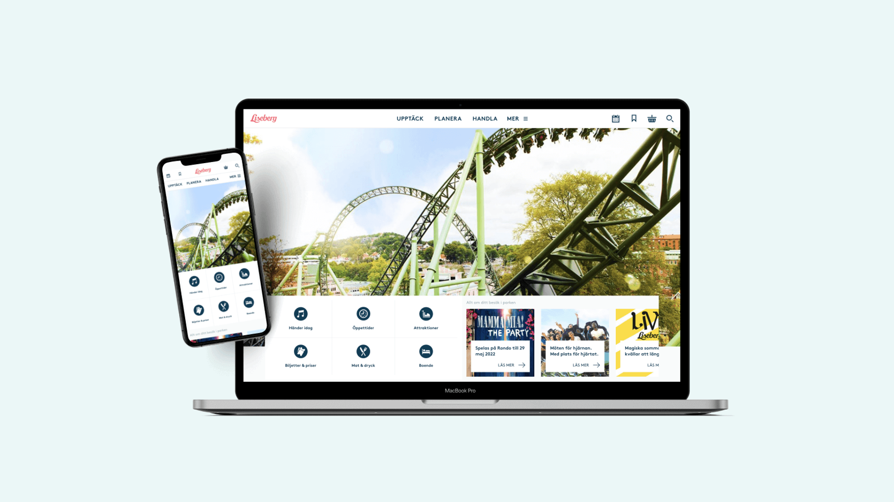 Both a phone and a laptop showing the Liseberg front page.