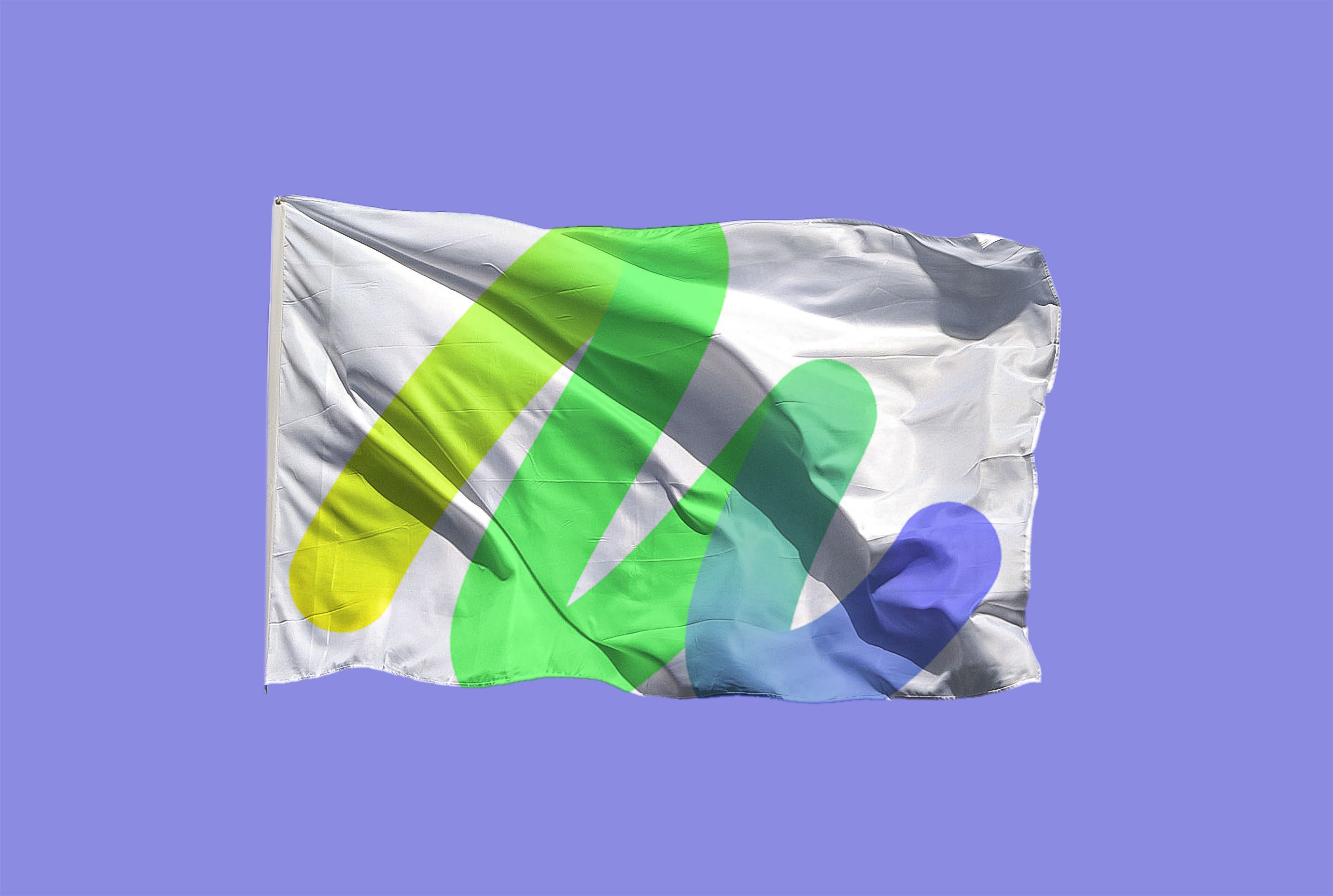 Nuuday imagery on a white flag. It depicts a thick rounded line fading from yellow to blue.