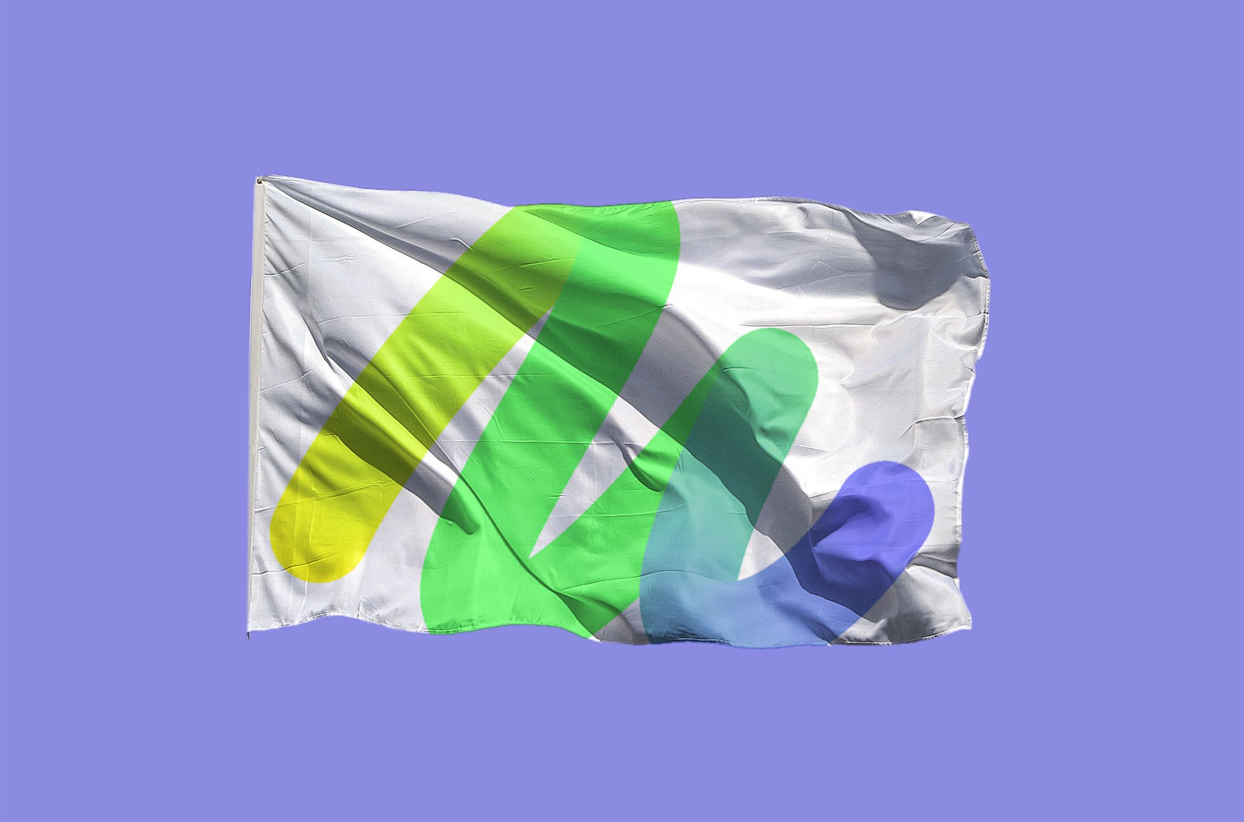 Nuuday imagery on a white flag. It depicts a thick rounded line fading from yellow to blue.