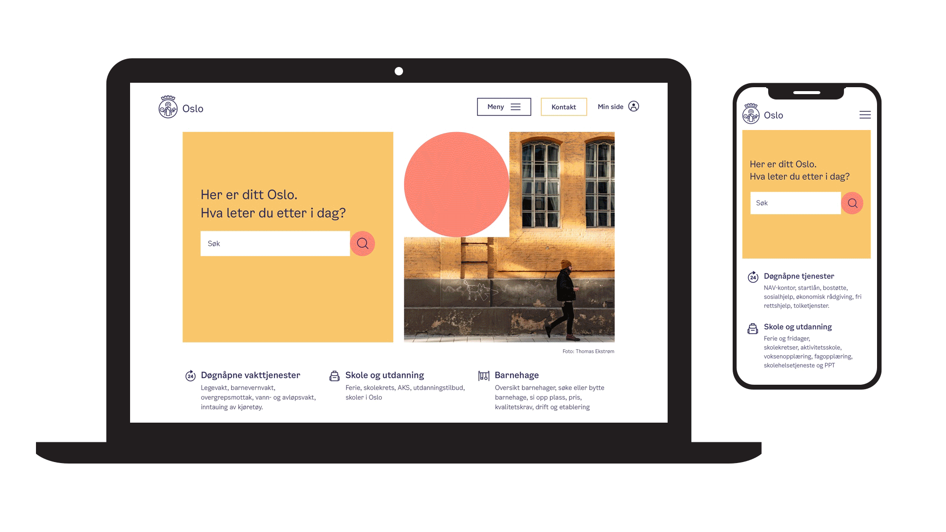 Animation with an example of the Oslo Municipality design system on a laptop and a smartphone. The system allows you to play with shapes and colours within the Oslo Municipality Design Profile.