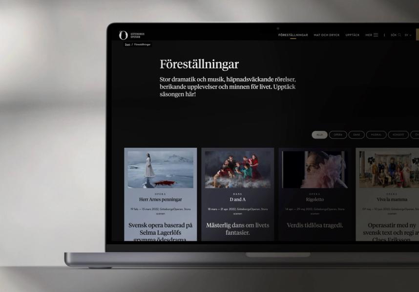 The Göteborgsoperan website shown on a laptop, with an overview of available shows.
