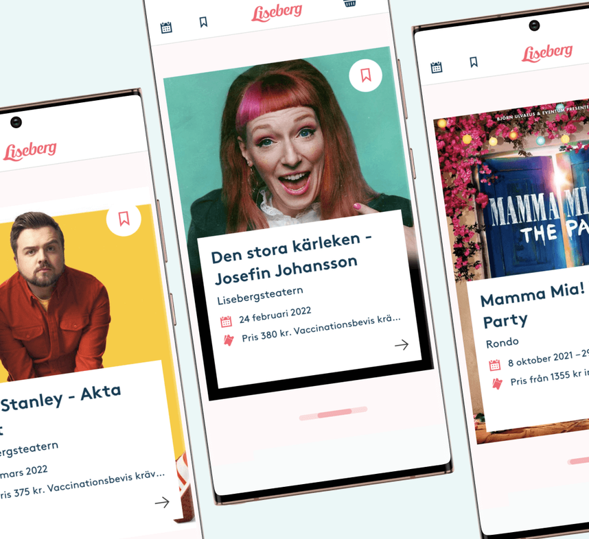 Three phones showing different events in the Liseberg app.