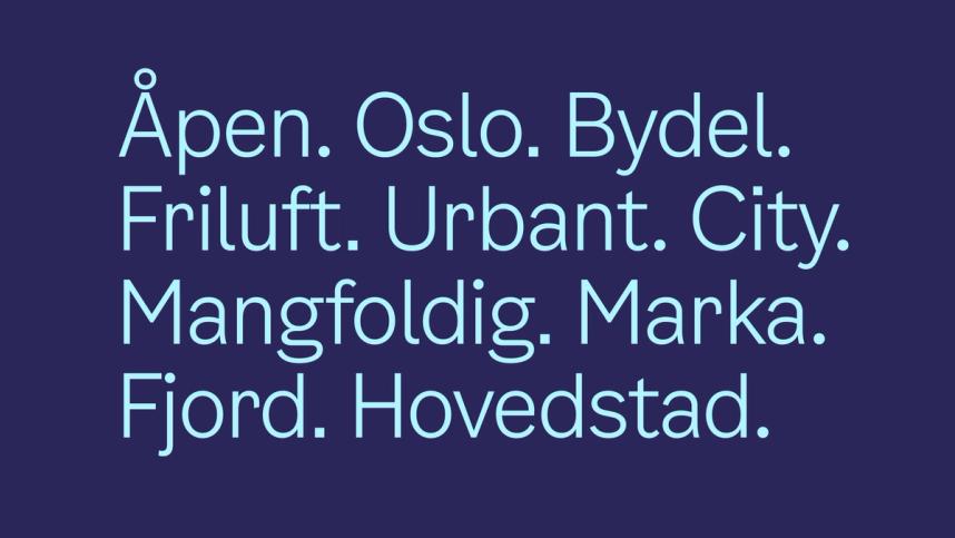 Example of the Oslo Sans font, developed for the Oslo Municipality case. The font is simple and elegant, sans serif. Light blue text on a dark blue background.