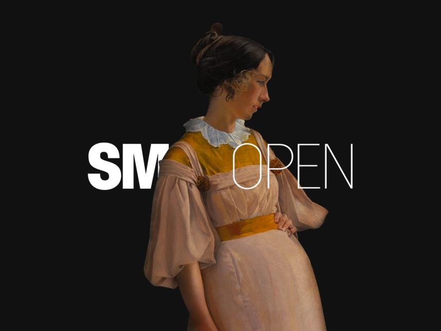 Example of an SMK front page composition, here with a cropped figure from a classical painting overlapping with the text "SMK OPEN"