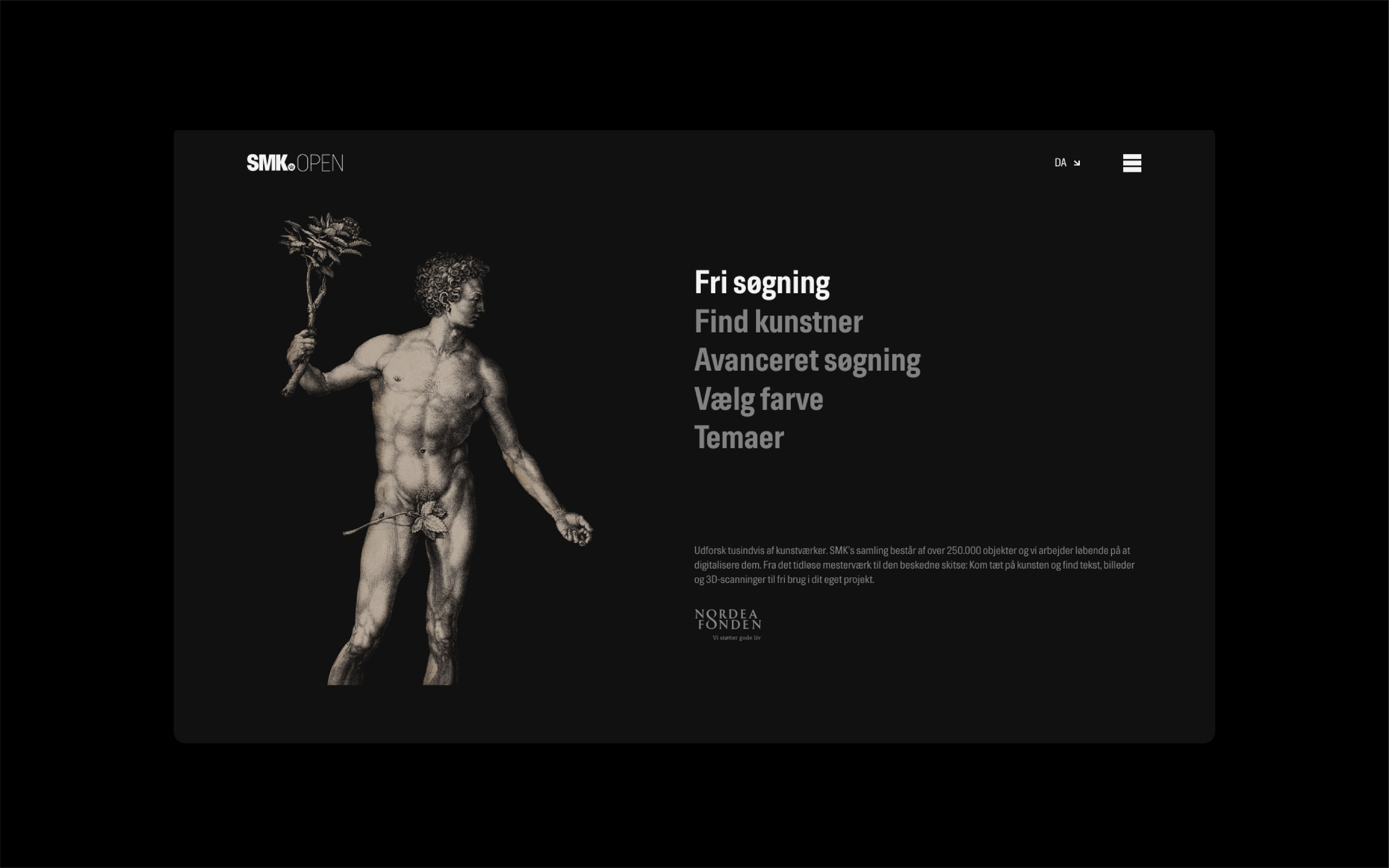 Screenshot of the SMK Search landing page. Image of a grey sculpture on black background, with a list of different search options.