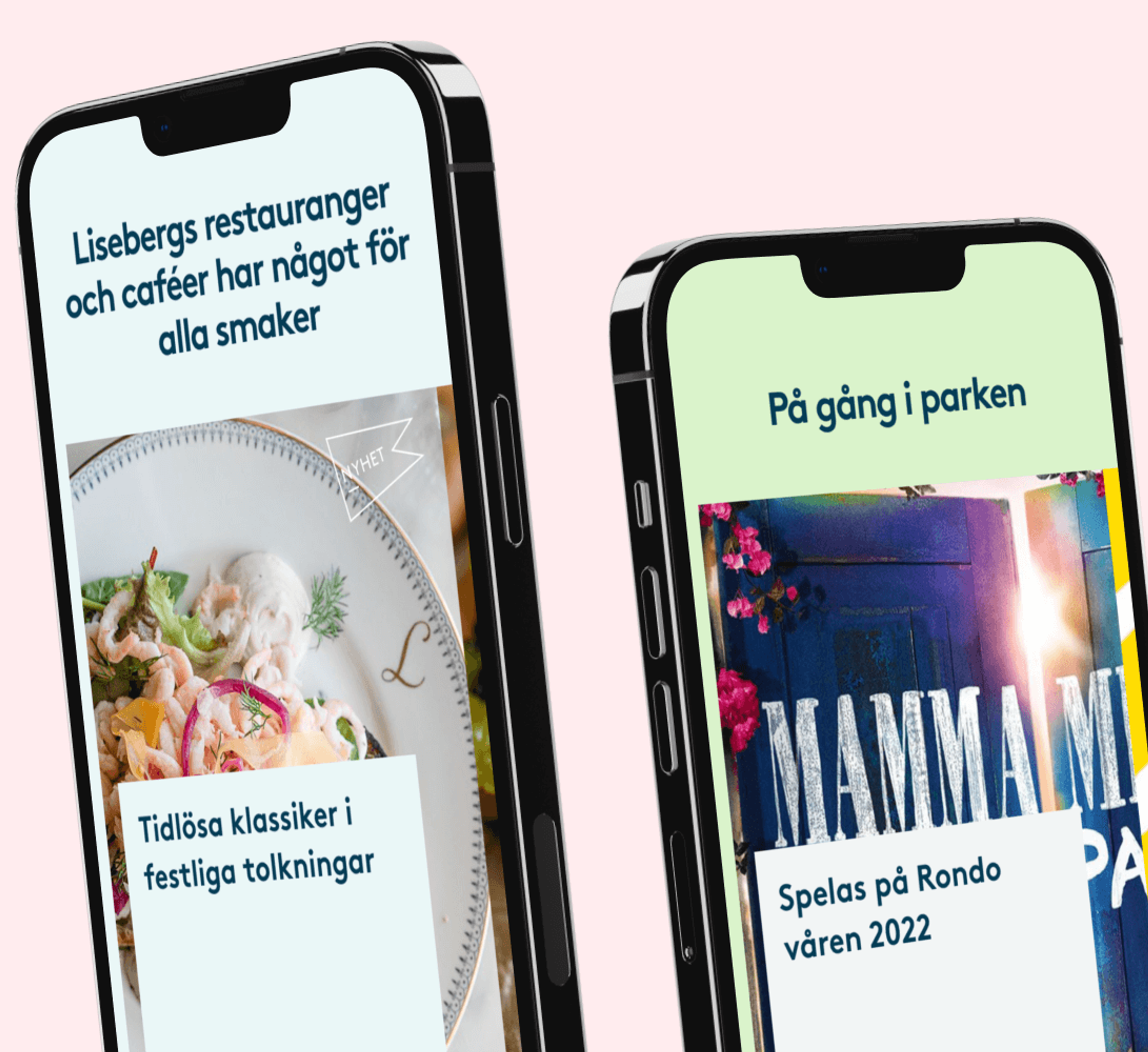 Two phones showing the Liseberg app, minimalistic with big images and little text.