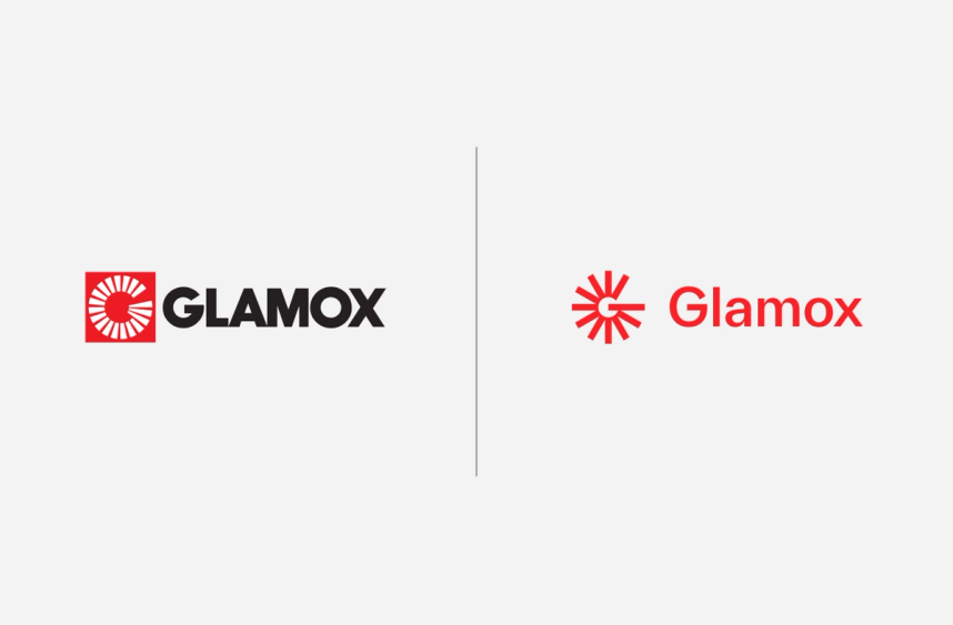 Showing old and new Glamox logo. The old logo, black and plain, is on the left. On the right is the new logo in red.
