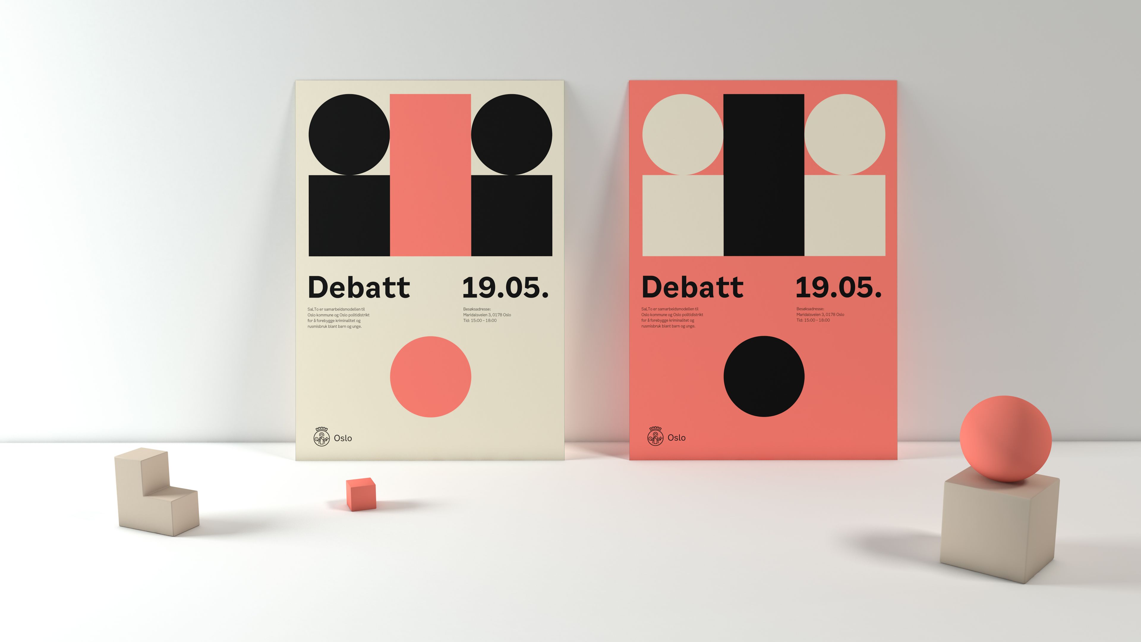Two examples of minimalist poster designs made in the Oslo Municipality Design Tool.