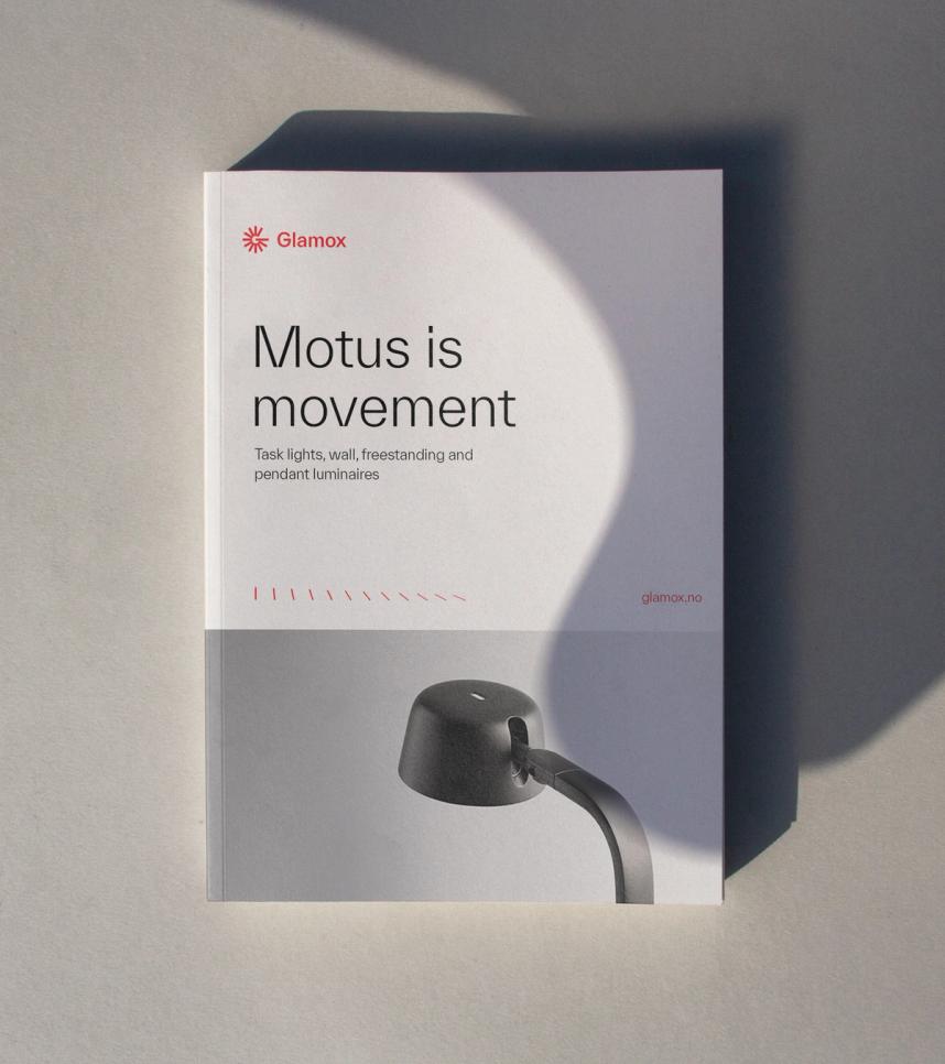 Example of a brochure with the Motus lamp and Glamox typeface.