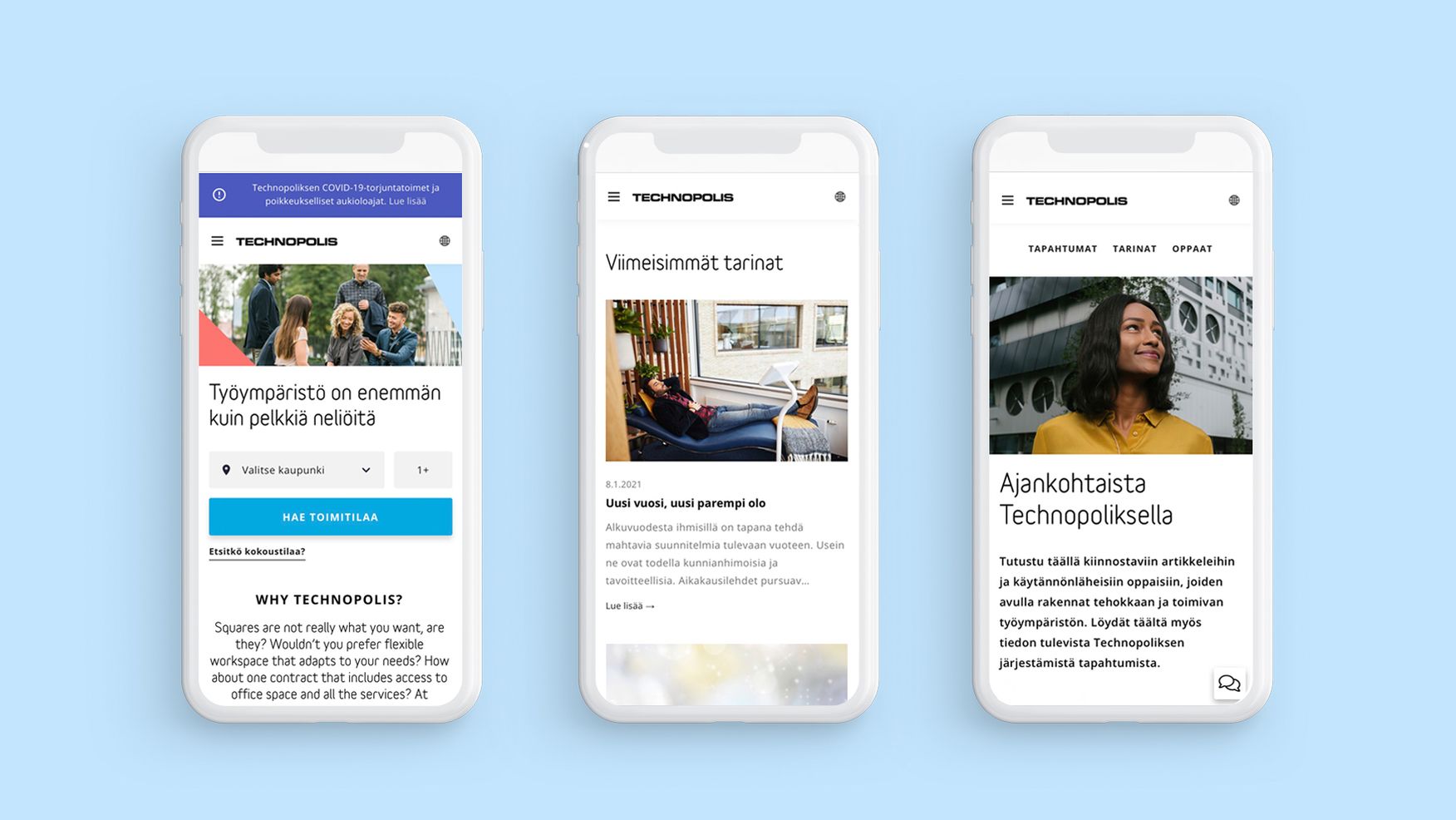Three phones showing different areas of the Technopolis website