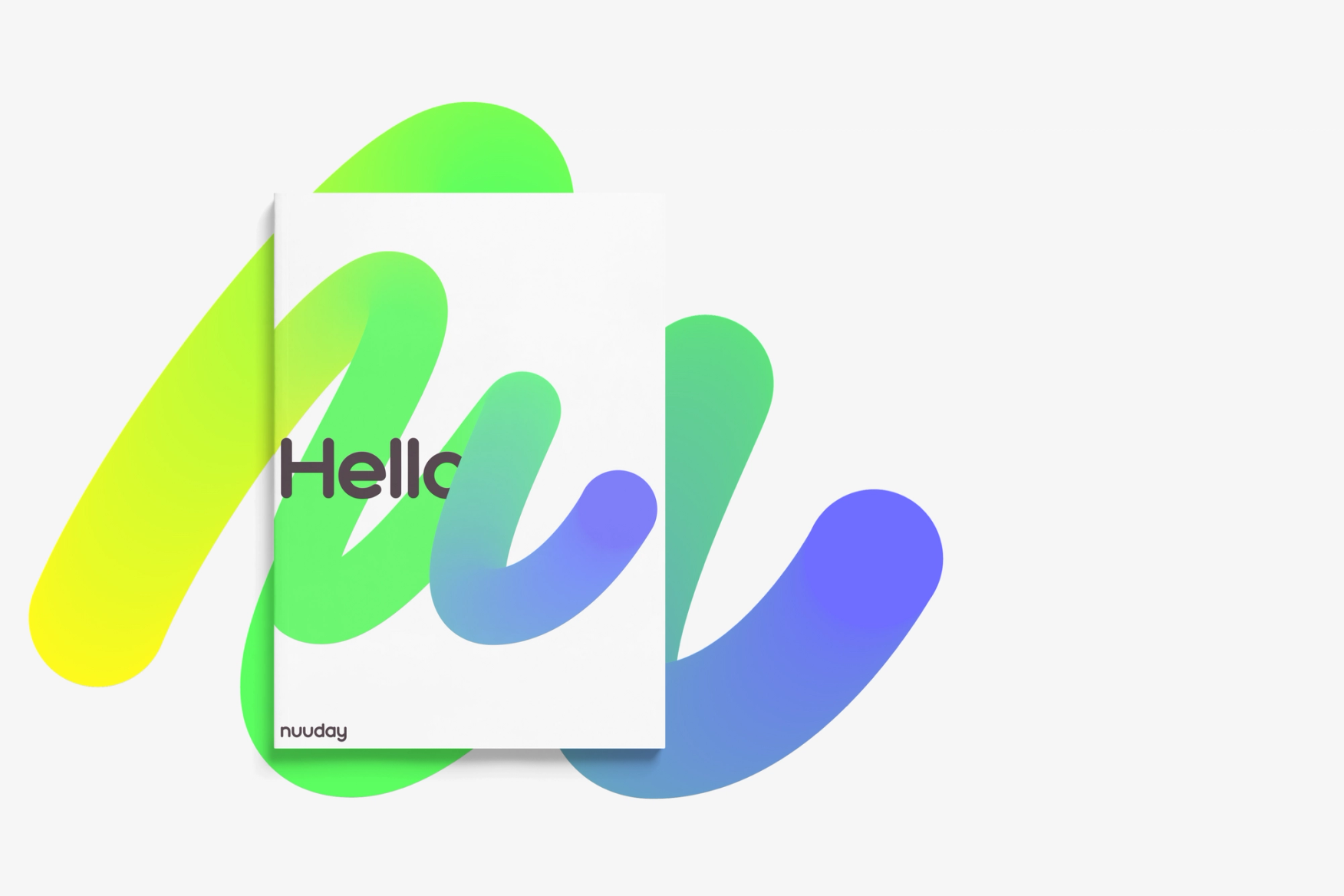 An example of the new visual Nuuday identity, with the thick rounded line fading from yellow to blue on a white background. Black font saying "Hello".