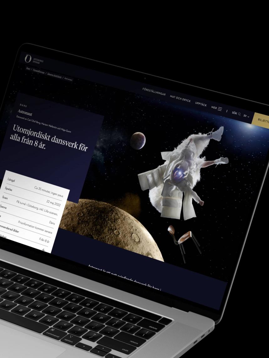 The Göteborgsoperan website shown on a laptop, showing information on a specific show. Image of an astronaut.