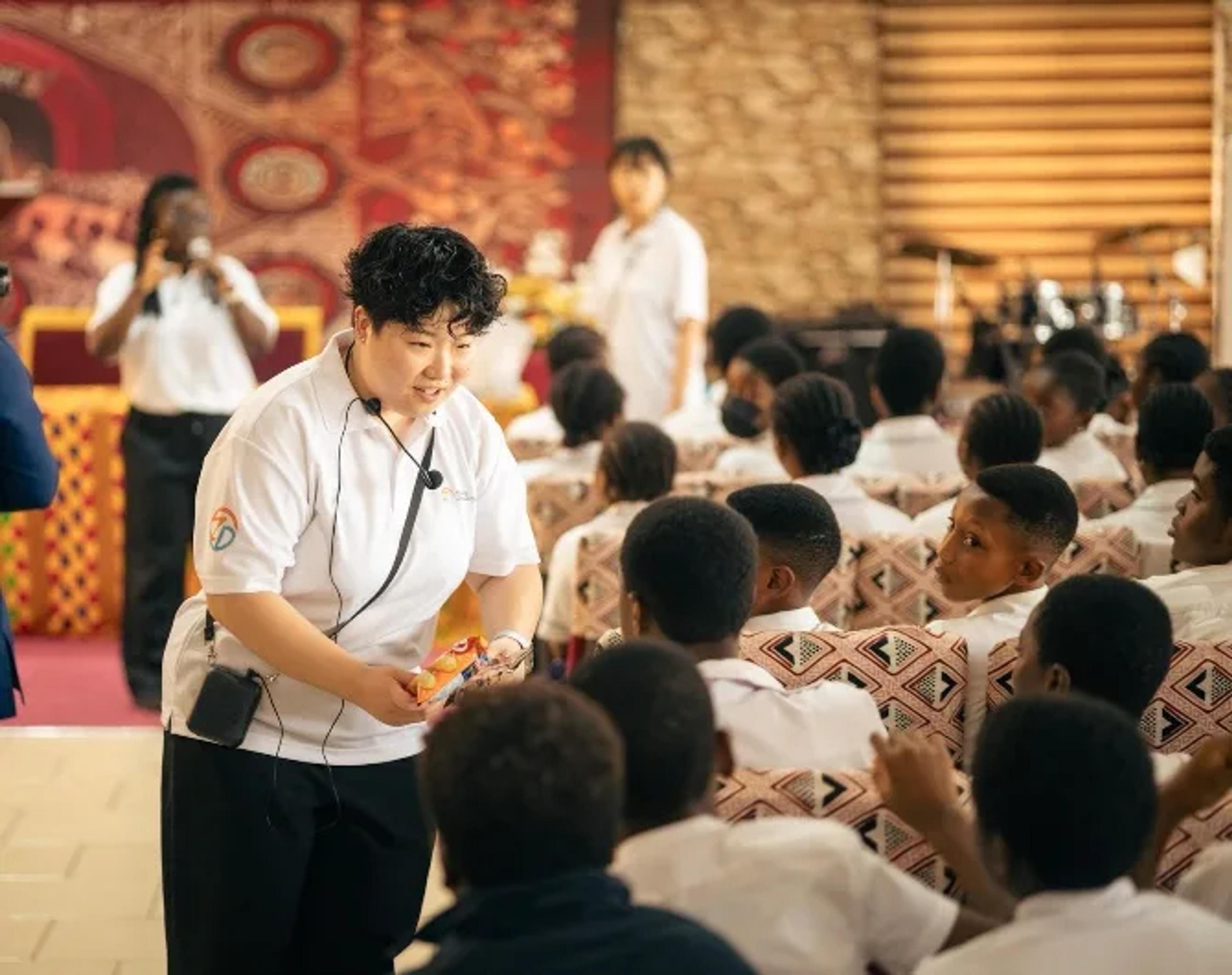 Nanami at a health education session in a school in Ghana