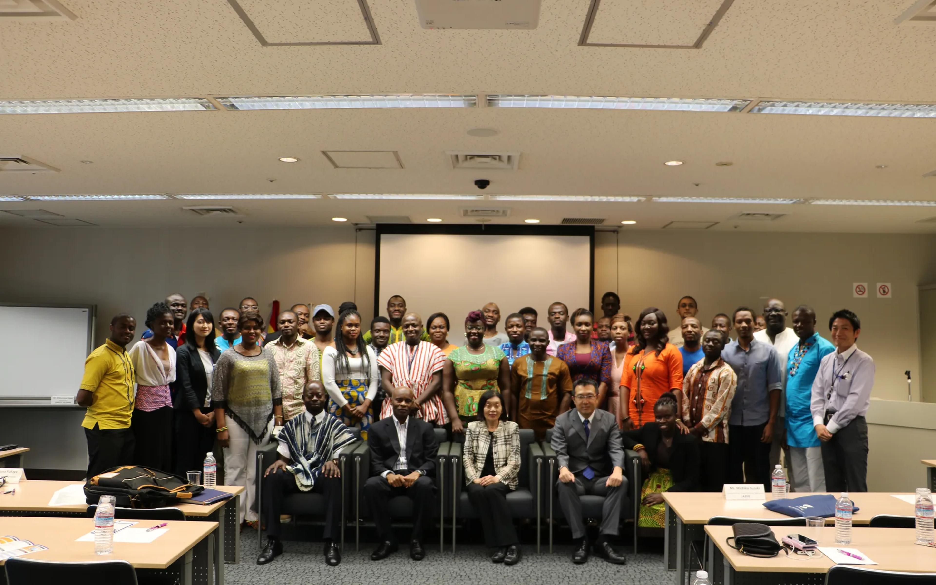 Group photo of the guests and Ghanaian students at the launch of GSU-Japan
