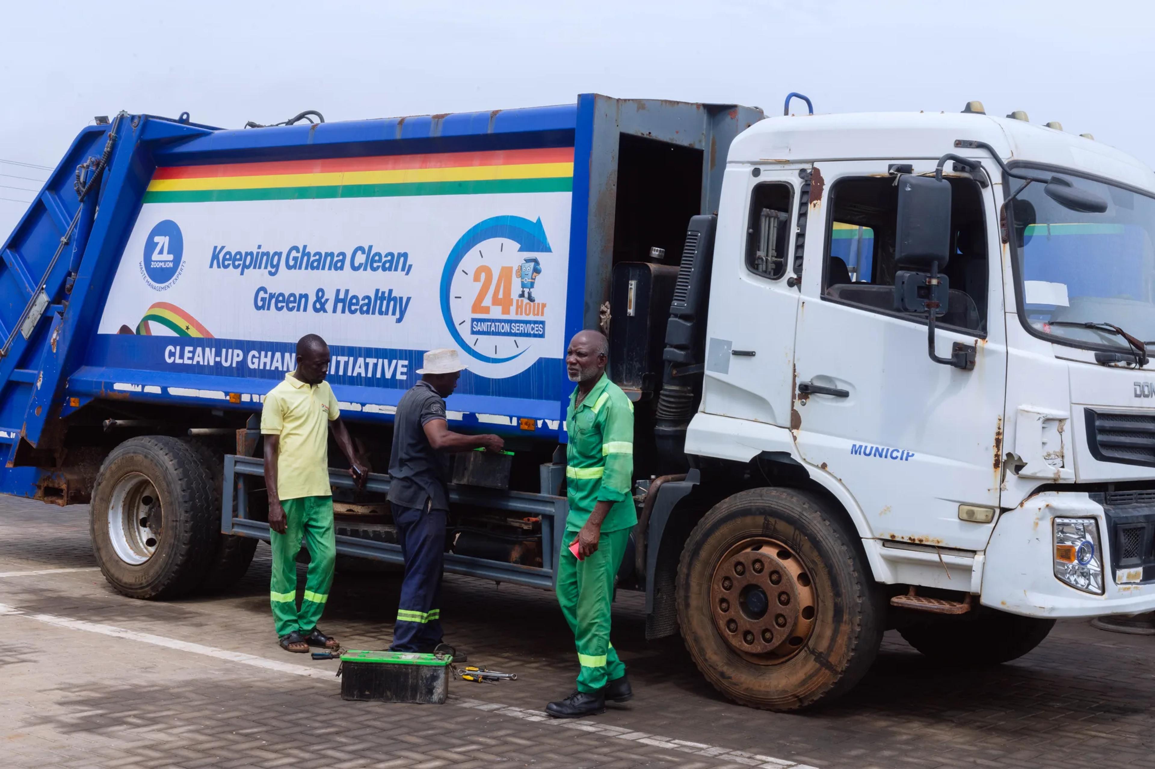 A waste collection truck at the Zoomlion workshop