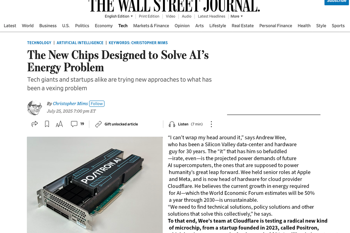 WSJ: The New Chips Designed to Solve AI’s Energy Problem