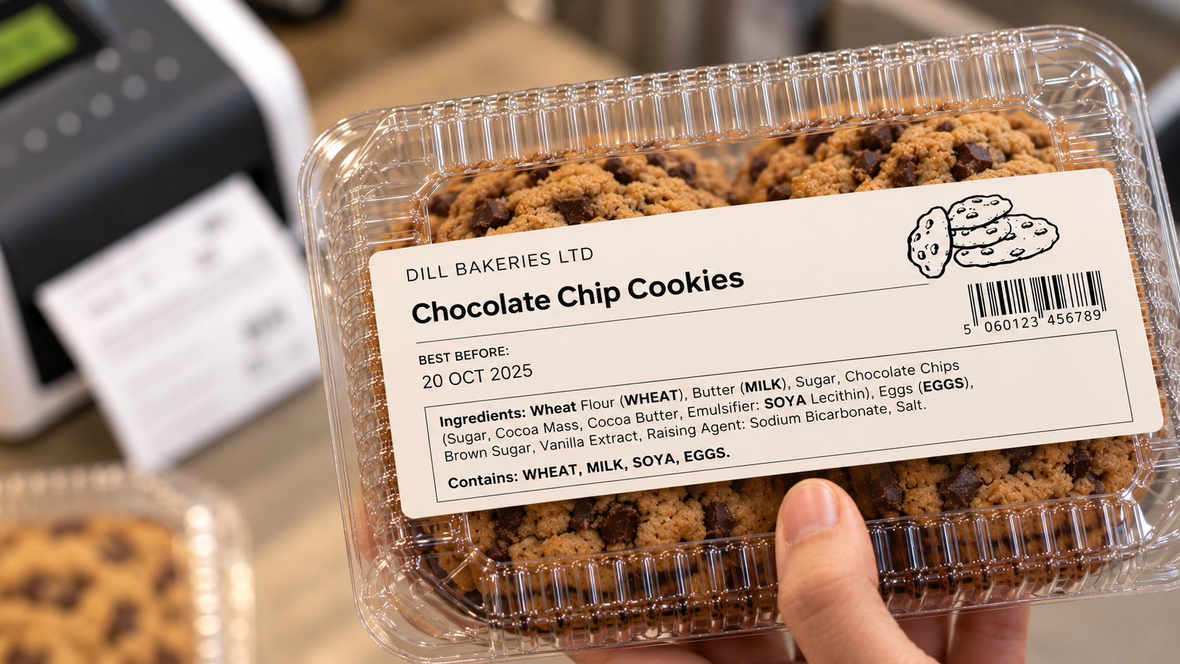 Label printer printing a prepacked for direct sale food label with allergens emphasised