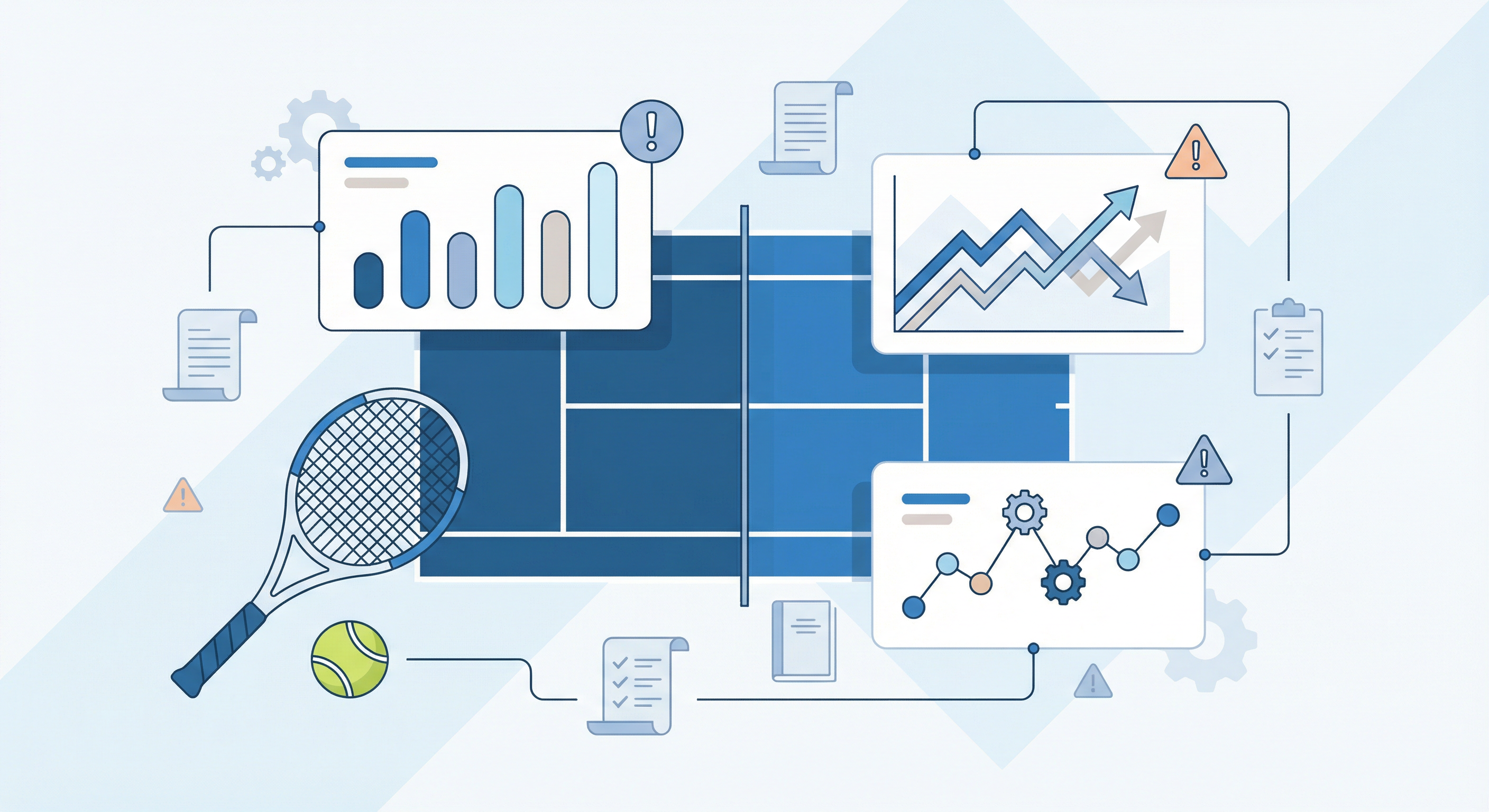 Illustration of tennis court with data charts and settlement rule documents