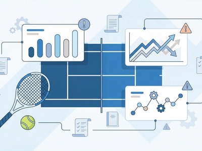 Illustration of tennis court with data charts and settlement rule documents