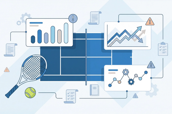 Illustration of tennis court with data charts and settlement rule documents