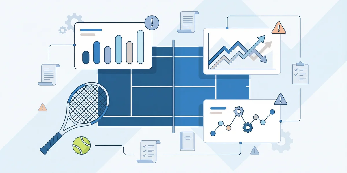 Illustration of tennis court with data charts and settlement rule documents