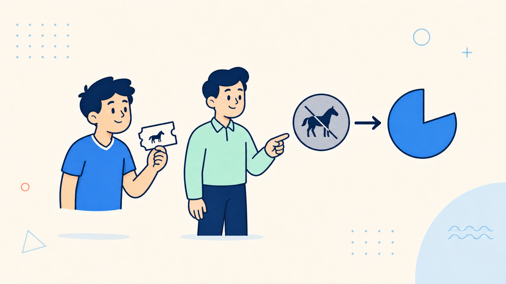 Cartoon bettor and rules analyst showing a withdrawn horse and a reduced payout token