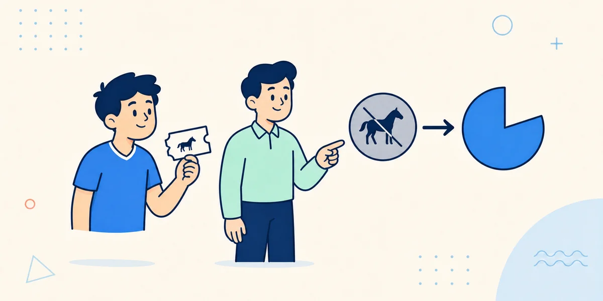 Cartoon bettor and rules analyst showing a withdrawn horse and a reduced payout token