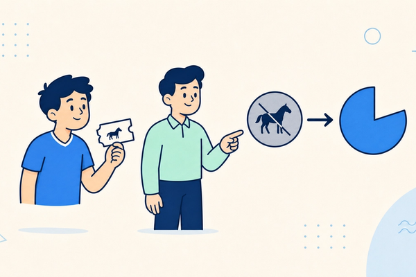 Cartoon bettor and rules analyst showing a withdrawn horse and a reduced payout token