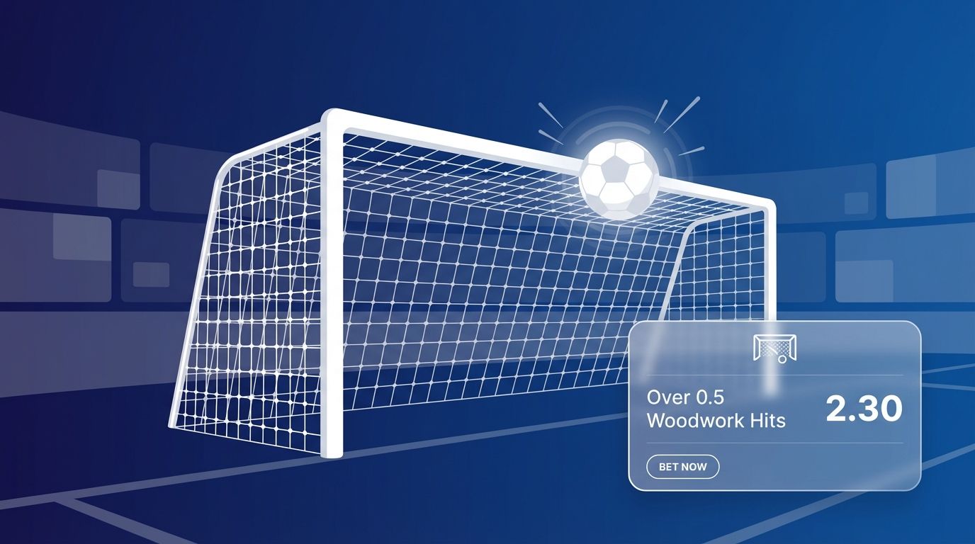 Football hitting the crossbar with a betting slip overlay showing Over 0.5 Woodwork Hits odds