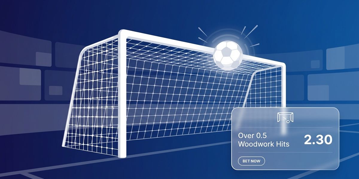 Football hitting the crossbar with a betting slip overlay showing Over 0.5 Woodwork Hits odds