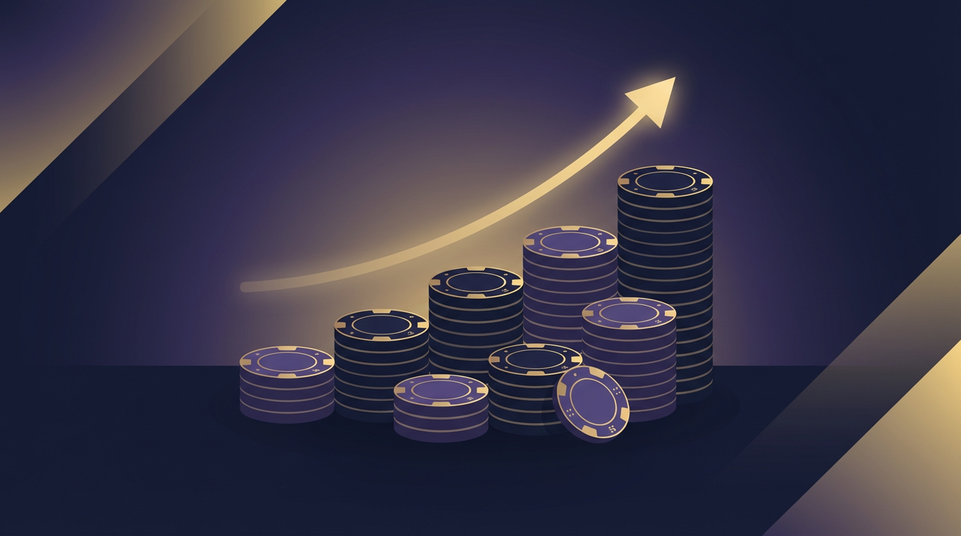 Stacked betting chips growing with a gold upward arrow — representing bankroll growth through volume betting