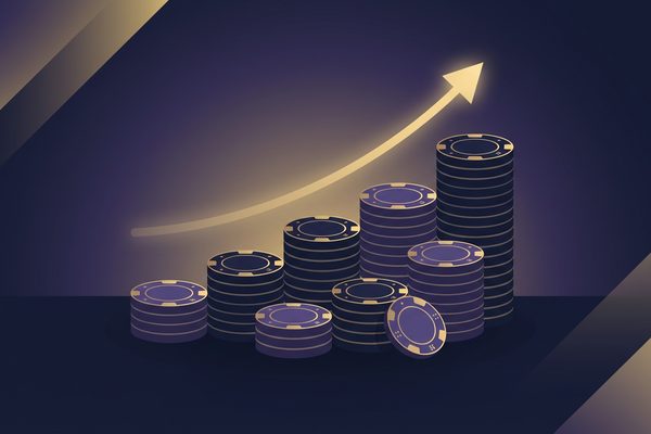 Stacked betting chips growing with a gold upward arrow — representing bankroll growth through volume betting