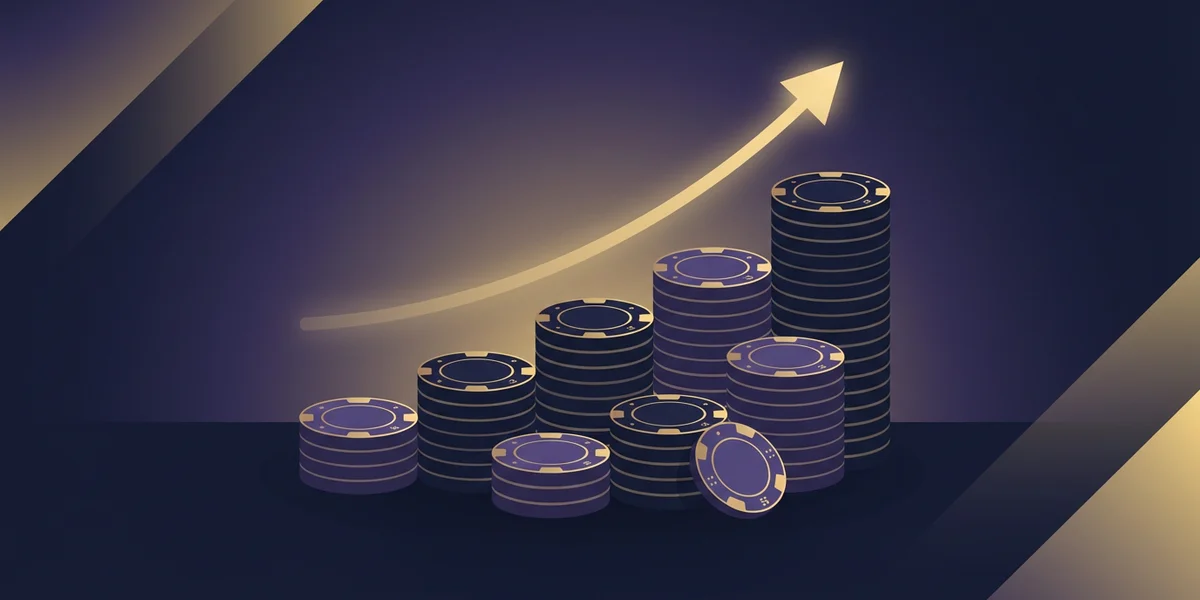 Stacked betting chips growing with a gold upward arrow — representing bankroll growth through volume betting
