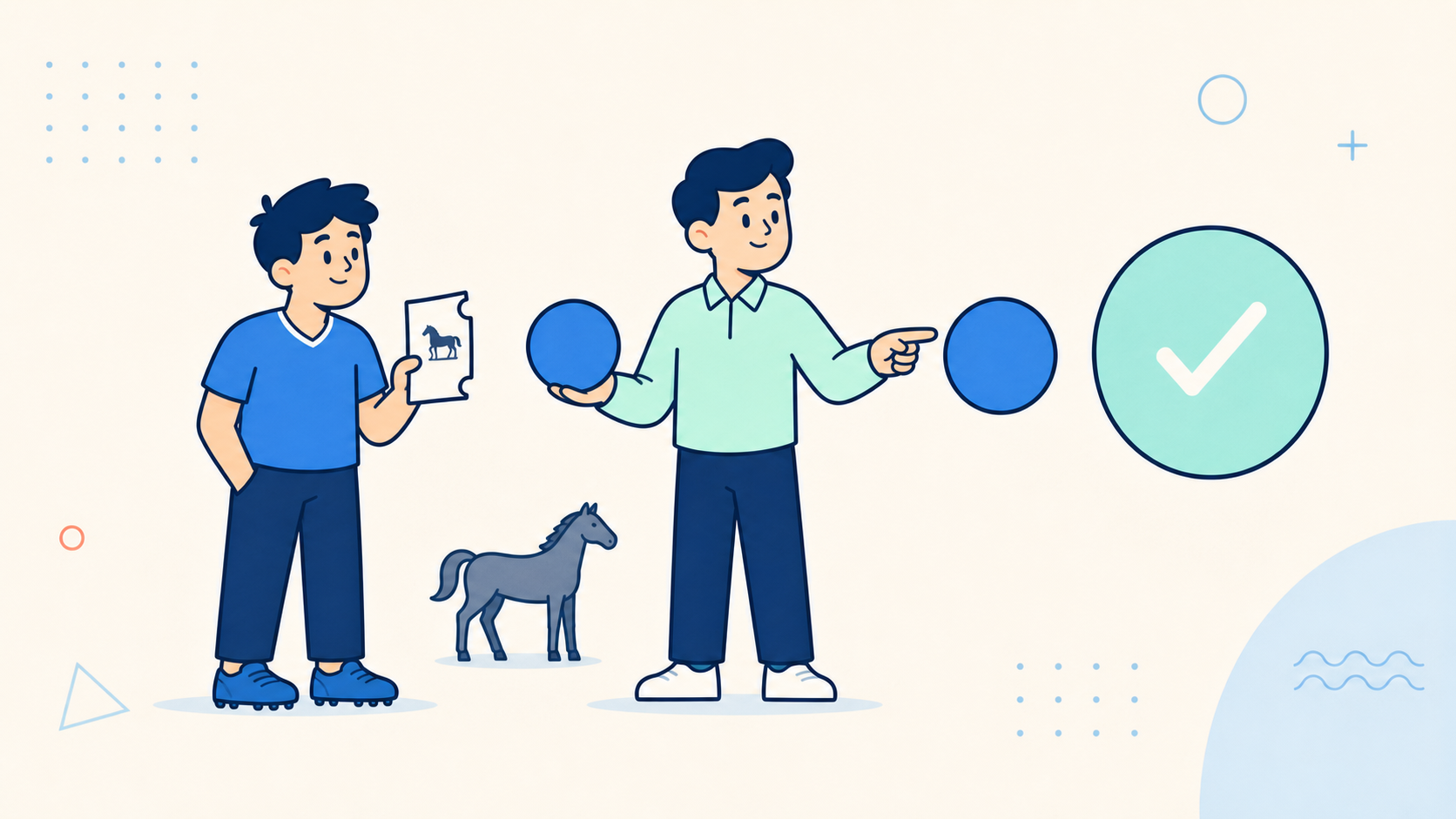 Cartoon bettor and rules analyst selecting the larger of two horse-racing price tokens