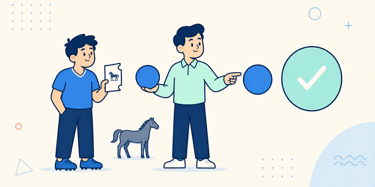 Cartoon bettor and rules analyst selecting the larger of two horse-racing price tokens