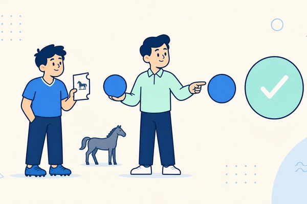 Cartoon bettor and rules analyst selecting the larger of two horse-racing price tokens