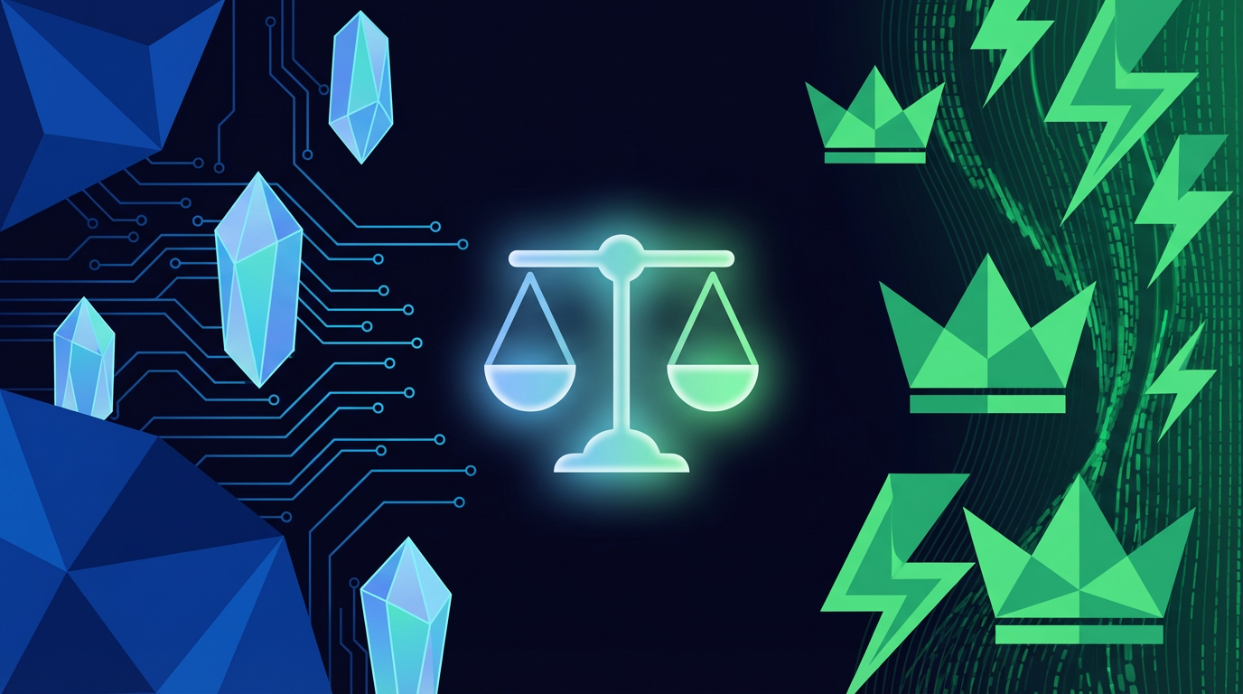 Stake vs Gamdom comparison for volume betting - blue crystal and circuit patterns on left representing Stake, green crowns and lightning bolts on right representing Gamdom, with a glowing scale in the center