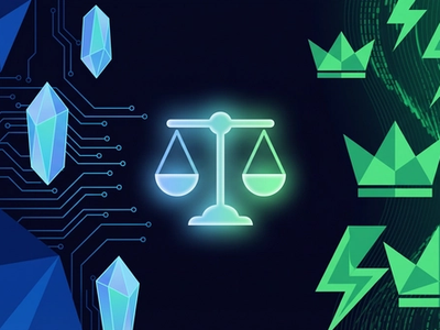 Stake vs Gamdom comparison for volume betting - blue crystal and circuit patterns on left representing Stake, green crowns and lightning bolts on right representing Gamdom, with a glowing scale in the center