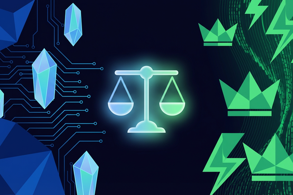 Stake vs Gamdom comparison for volume betting - blue crystal and circuit patterns on left representing Stake, green crowns and lightning bolts on right representing Gamdom, with a glowing scale in the center