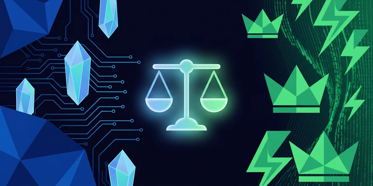 Stake vs Gamdom comparison for volume betting - blue crystal and circuit patterns on left representing Stake, green crowns and lightning bolts on right representing Gamdom, with a glowing scale in the center