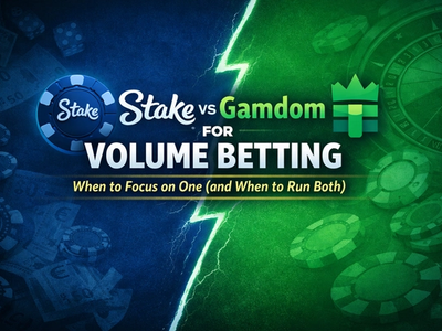 Stake vs Gamdom for volume betting comparison - blue Stake chips versus green Gamdom crown with lightning bolt
