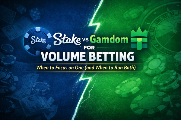 Stake vs Gamdom for volume betting comparison - blue Stake chips versus green Gamdom crown with lightning bolt