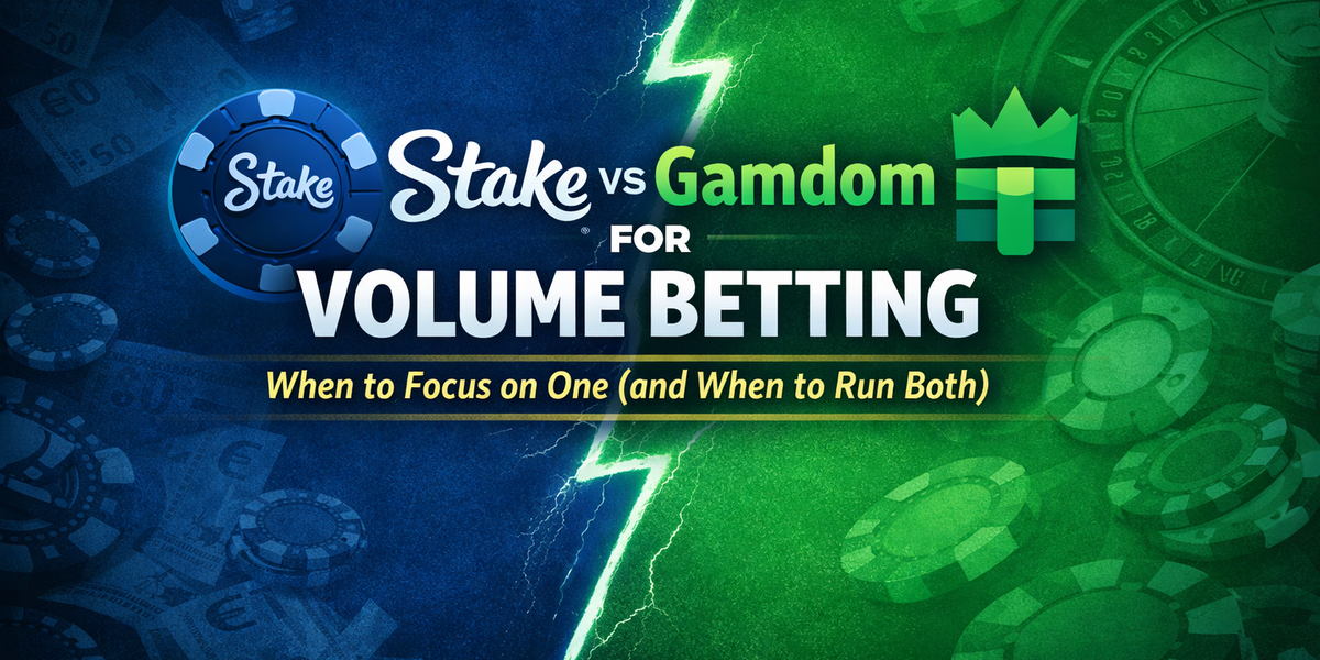 Stake vs Gamdom for volume betting comparison - blue Stake chips versus green Gamdom crown with lightning bolt