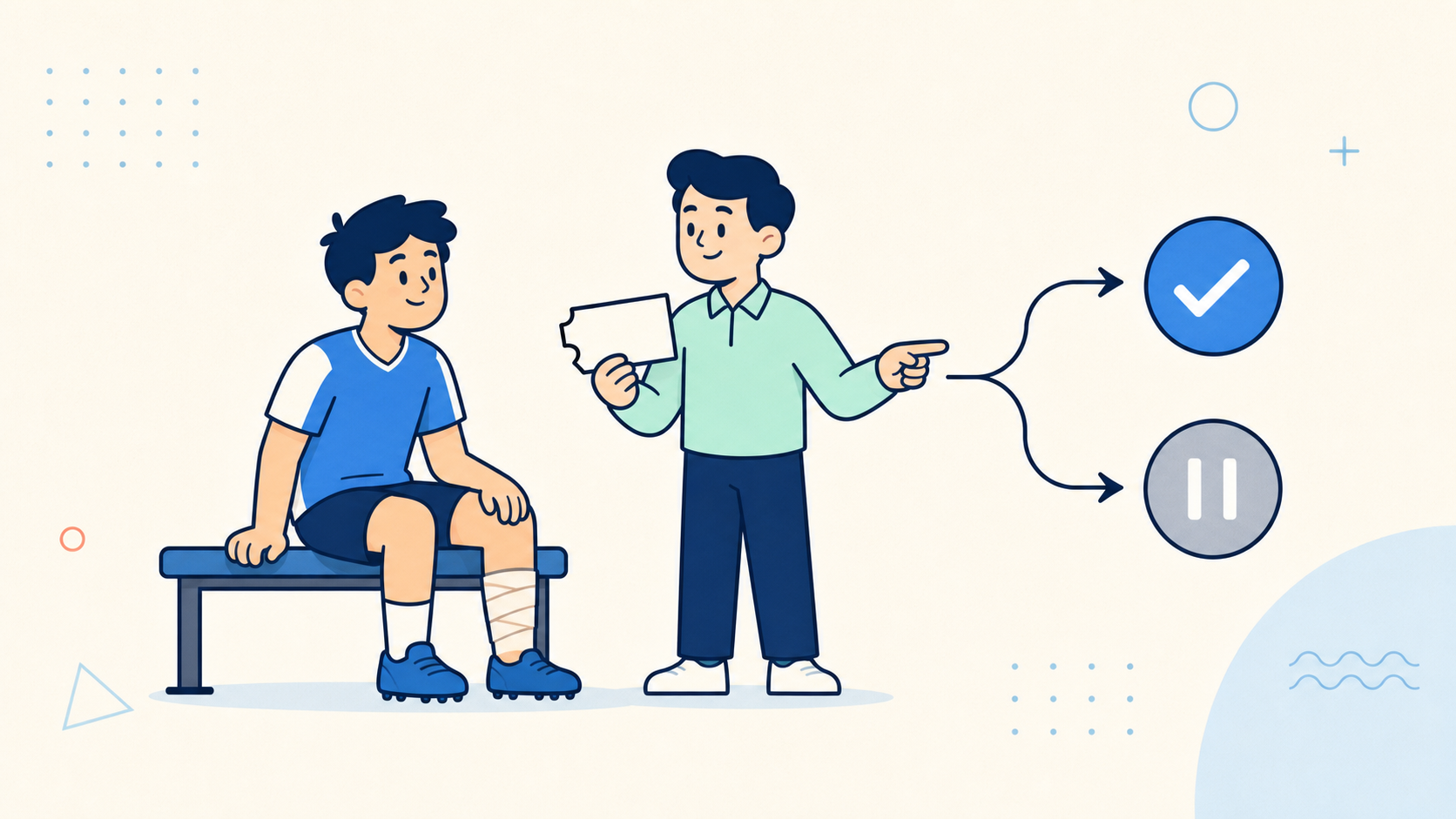Cartoon injured athlete and rules analyst comparing two possible bet-settlement outcomes