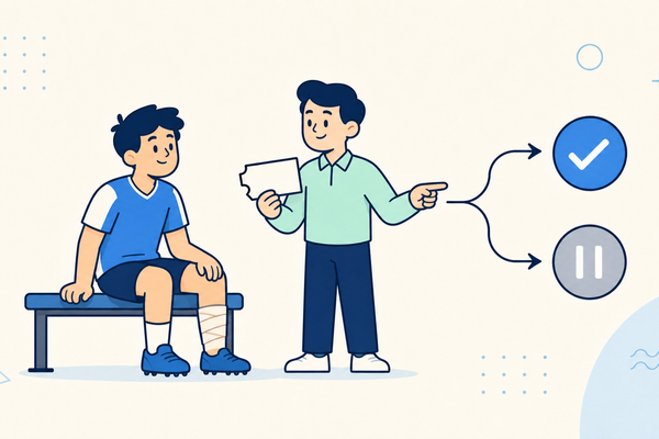 Cartoon injured athlete and rules analyst comparing two possible bet-settlement outcomes